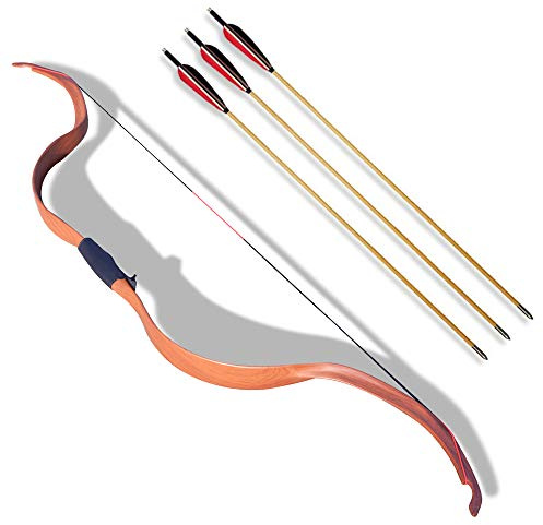 Tiro con l'arco Tradizionale Arco Ricurvo 20lbs Arco in legno Longbow Fatto a Mano con 3 Frecce per il Gioco di Pratica di Caccia per Principianti per Adulti (Marrone+Frecce)
