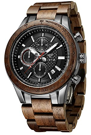 VICVS Men's Wood and Stainless Steel Watches, Chronograph 3 Dials Chronograph Quartz Casual Business Multifunctional Men's Wood Watches, Handmade (Walnut Metal)
