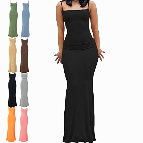 BOBT Bodycon Dress Long, Robe Moulante Longue Femme, Jupe Longue Bretelles, Womens Summer Bodycon Maxi Dresses Low-Cut Sleeveless Spaghetti Strap Cami Casual Long Dress