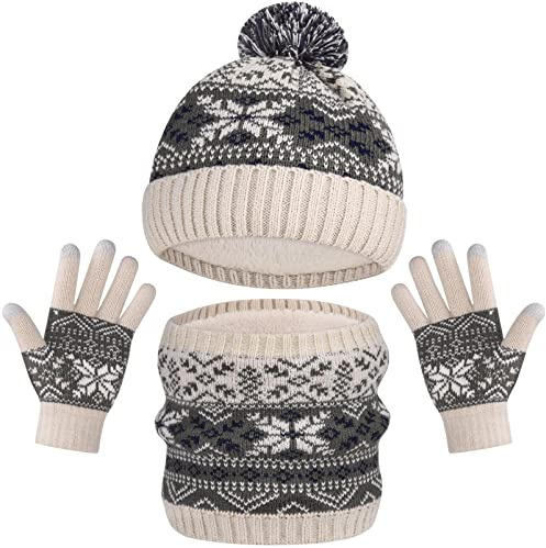 AOTOW Gorro de invierno para niños conjunto de guantes y bufanda gorro de invierno cálido 3 en 1forro polar gorro para bufanda de invierno guantes 5 a 10 años