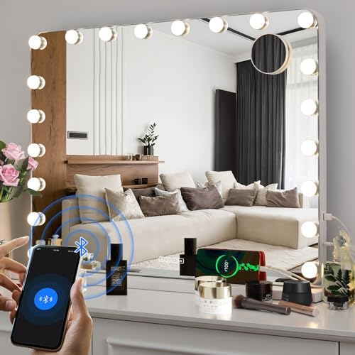 MAMIZO Hollywood Spiegel 80x60 cm mit Bluetooth, Schminkspiegel mit Beleuchtung, 20 LED Spiegel Groß, 3 Lichtfarben, Dimmbar, USB, Kosmetikspiegel mit Licht, Wandspiegel Tischspiegel, Weiß