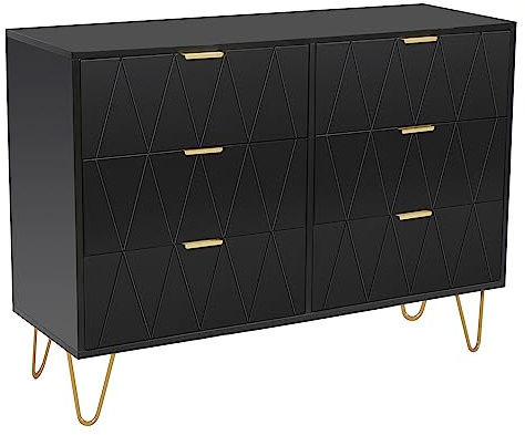 UEV Commode, Armoire à 6 Tiroirs, Meuble Rangement, 100x34x73cm, Noir