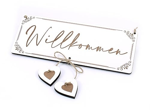 Schild Willkommen und 2 Herzanhängern - Ornament Vintage Türschild Dekoschild Tür Deko Haustür - 23 x 9 cm