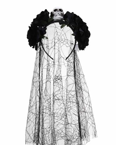 Edary Halloween Tag der Toten Haarreif und Schleier Mexikanische Stirnband Rosen Totenkopf Haarreif Gothic Kopfschmuck Haarband Cosplay Kostüm Accessoires Frauen Damen (Schädel)