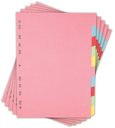 Elba A4 Pink 10-Part File Dividers, 5 Pack, Multi-Coloured Recycled Card Dividers, Multi-Hole Punched for Ring Binders