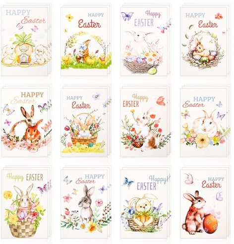 PEUTIER 36stk Oster-Grußkarten, 15x10cm 12 Stile Frohe Ostern Hasen-Notizkarten Bunte Eier Korb Dekorative Cartoon-Hasen-Karte als Austauschgeschenk im Klassenzimmer Partyzubehör