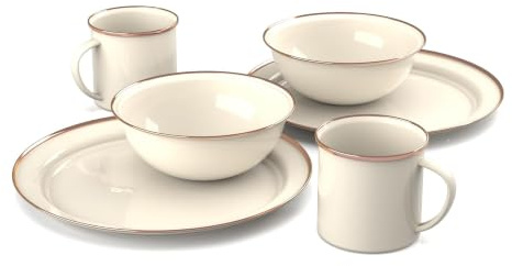 GSI Outdoors Mesa 2-Person Enamelware Dining Set 6-Pieces – Cream with Bronze-Finished Stainless Steel Rim, Dishwasher Safe