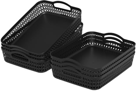 Yesdate 6-Pack Large Plastic Shallow Storage Basket Tray, Desktop Rectangular Plastic A4 Storage Basket, Black