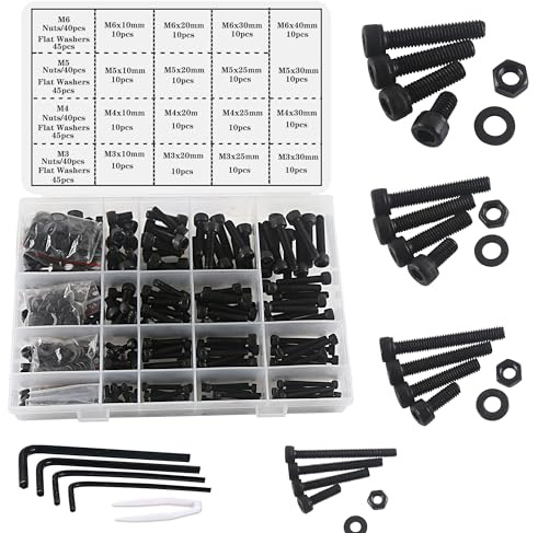 huruirui M3 M4 M5 M6 Schrauben und Muttern Unterlegscheiben Sortiertes Set,Schwarze Zylinderschraube Innensechskantschrauben Kit, Gewindemaschine Sechskantschrauben Verschluss Kit 500Stück