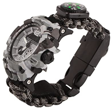 Ghzste Reloj digital militar de supervivencia, reloj de supervivencia para exteriores, pulsera multifuncional, brújula, silbato, pulsera de paracord, equipo, kit de herramientas, gris oscuro