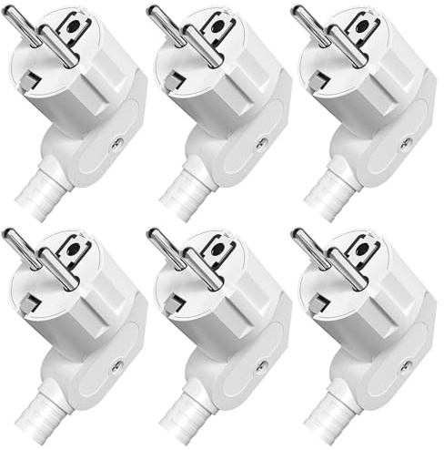 6 Stücke Schuko Stecker, IP20 Schukostecker für den Innenbereich, Europa-Stecker Kunststoff 250V (16A) für 8-10mm Kabel, IP20 für den Innenbereich - Weiß
