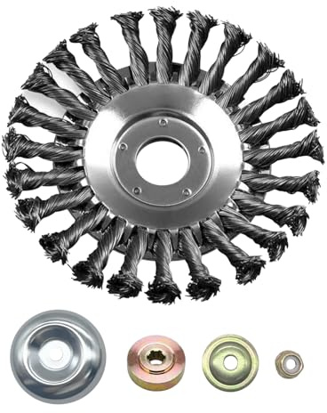 Ellxen Edelstahl Unkrautbürste Unkrauttrimmer Motorsense Freischneider 255 x 25,4 MM Kegel Unkrautbuerste,mit 4 Stück Adaptern,Twist Wildkrautbürste Kann Unkraut und Moos Effektiv Entfernen (10 Zoll)