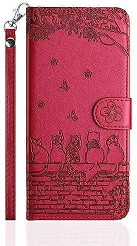 Butnyeoe Coque pour iPhone 16 Plus Rabat,Housse Pochette iPhone 16 Plus Clapet,Portefeuille Etui avec Porte-Carte et Dragonne,Chats/Fleur PU Cuir/Antichoc Flip Folio Case.Rouge