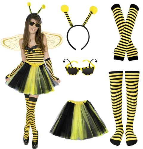 5 Pcs Bee Costume Kit for Adult Women, Bee Antenna Headband+Sunglasses+Tutu Skirt+Striped Leg Warmers Knee Thigh High Stocking and Long Gloves for Girls Carnival Halloween Dress Cosplay Party