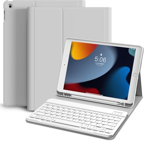 KVTVOU Hülle mit Tastatur für iPad 9. / 8. / 7. Generation, Grau | Bluetooth Magnetisch QWERTZ Tastatur, Eingebauter Stifthalter, Weiche TPU-Schutzhülle für iPad 9/8/7 (2021/2020/2019)