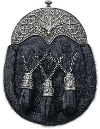 Traditional Scottish Full Dress Kilt Sporran Premium Black Fur, Featuring a Stag Head Antique Pewter Cantle, and Leather Chain Belt - Handcrafted Highland kilt sporran for men (Black - Stag Sporran)