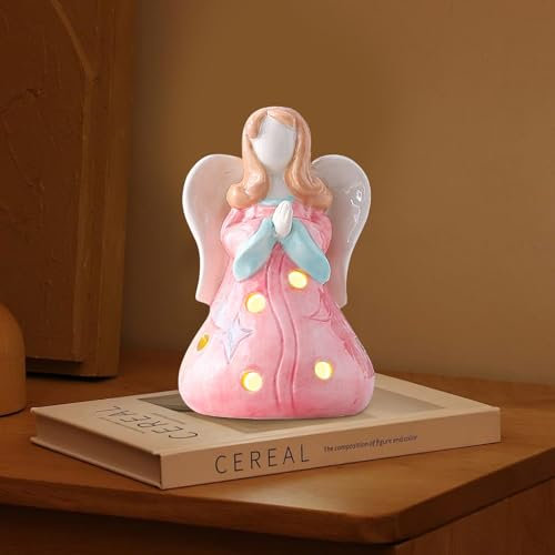 Statuetta di angelo in preghiera con luce LED, illuminata, angelo custode in ceramica, luce notturna per bambini, regalo per donne, decorazione per il giorno del Ringraziamento, Natale, decorazione