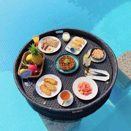 FDQAMLKX Plateau de Service Flottant en rotin de Luxe avec poignée, Plateau Flottant pour Piscine,pour Le Service de Piscine, Les Boissons, Le Brunch et Les Repas sur la Table