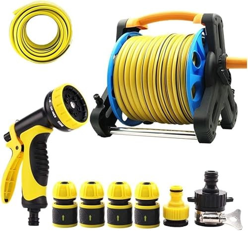 VUIKLCty Carrello avvolgitubo Portatile Supporto for Tubo Acqua, Set di Pistola ad Acqua Multifunzione a manovella, avvolgitubo da 10/15/20 m Carrello avvolgitubo con Ruote(20m)