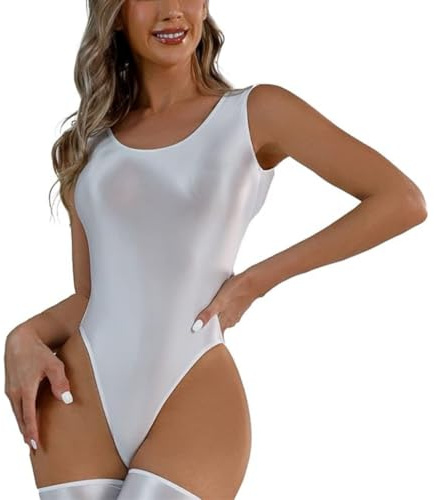 Women's Shiny Glossy Leotard, Sexy Sleeveless Crew Neck High Cut One Piece Bodysuit, Low Back Solid Sparkle Dance Jumpsuit, Slim Fit Mesh See Through Leotard for Training Swimwear Yoga Gym Workout