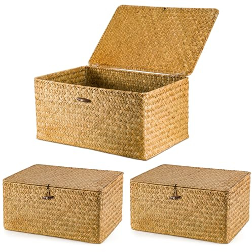 BLUE BAZAAR Wicker Storage Basket with Lids 40x28x19cm Seagrass Storage Box with Lid Woven Wicker Desktop Boxes Gift Hamper Basket for Living Room Decorative Bathroom (Caramel Brown, 3PCS)