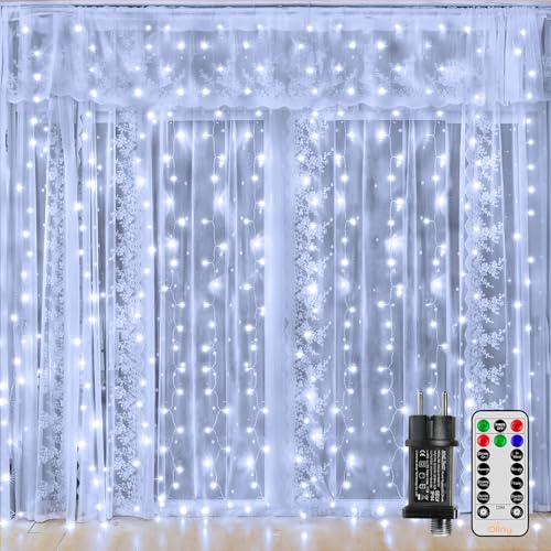 Ollny 2x2m 200 LED Lichtervorhang Innen mit Stecker 8 Modi Timer Dimmbar | Lichterkette Vorhang mit Fernbedienung, IP44 Wasserdicht, Weiß, für Außen Ramadan Deko Hochzeit Party Wand Balkon