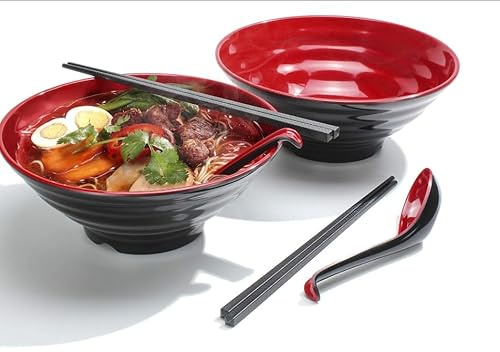 Japanese Style Ramen Bowl Set, Large Black and Red Noodle Bowls with Matching Spoons, 2 Piece Serving Set