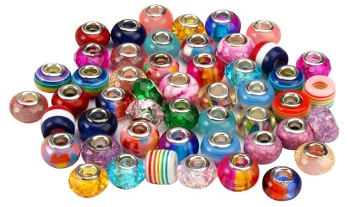 50 Pieces Mixed Color Murano Glass Bead, 14mmx9mm Resin European Beads | Round Mixed Colour, Colourful Assorted European Large Hole Beads for DIY Jewellery Making, Bracelets, Necklaces Crafting