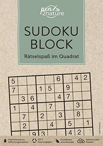 Sudoku-Block • Rätselspaß im Quadrat: pen2nature: 100% Recyclingpapier • klimaneutrale Produktion • unterstützt Aufforstungsprojekte (pen2nature books)