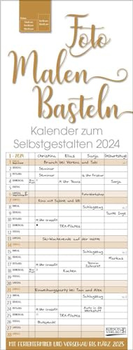 Foto-Malen-Basteln Familientimer gold 2024: Familienplaner mit 4 Spalten als Fotokalender zum Selbstgestalten. Familienkalender mit Ferienterminen und festem Bastelpapier.