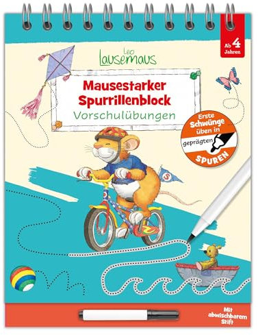 Leo Lausemaus - Mausestarker Spurrillenblock - Vorschulübungen: Erste Schwünge üben in geprägten Spuren mit abwaschbarem Stift für Kinder ab 4 Jahren