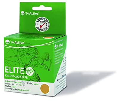 K-Active Kinesiologie Tape Elite BEIGE, mit STRATAGEL® PLUS Klebertechnologie, wasserabweisend und hypoallergen, 50 mm x 5 m, 1er Box