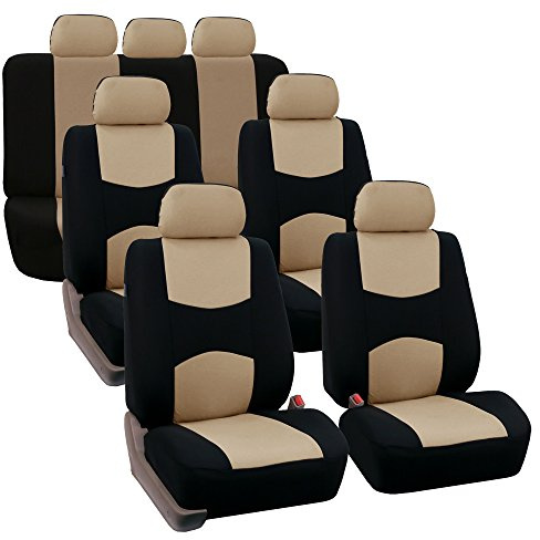 FH Group Flat Cloth Full Set Car Seat Covers Three Row 7 Seater - Universal Fit for Cars, Trucks & SUVs Beige