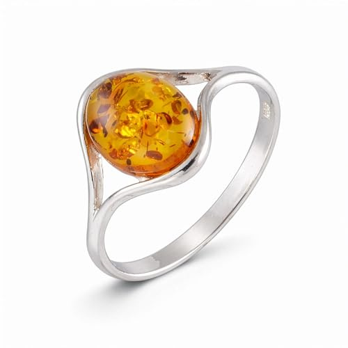 HolidayGiftShops Sterling Silver Baltic Honey Amber Ring “Khloe” – Oval Genuine Baltic Amber, 925 Silver Modern Open Setting, Handcrafted Amber Jewelry Gift for Women