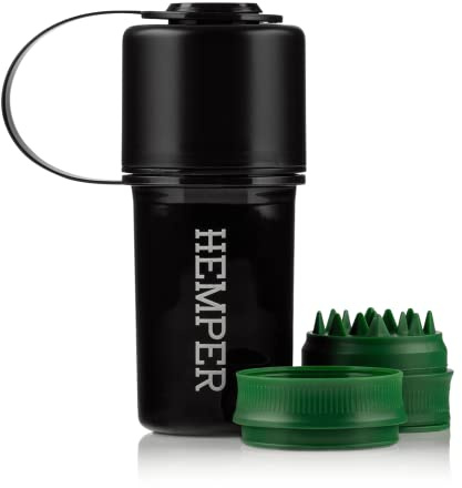 Hemper Keeper 3‑in‑1 Herb Grinder with Dual Storage Container - Smell‑Proof, Airtight & Water‑Resistant - Built‑In Removable Grinder, Dual Compartments for Flower & Ground - (Black)
