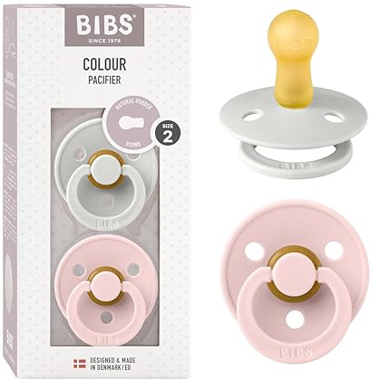 BIBS Colour Schnuller, 6-18 Monate, 2er-Pack, Runder Sauger, Haze/Blossom | Naturkautschuklatex | Größe 2 | BPA-frei | Hergestellt in Dänemark | Hohe Akzeptanz | Luftlöcher | Komfortschild