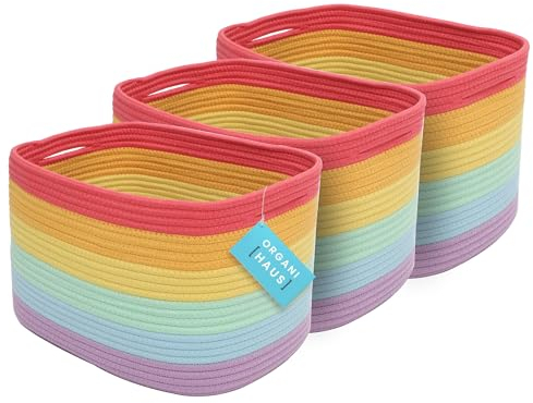OrganiHaus Aufbewahrungskorb Rechteckig Geflochten, Körbe Aufbewahrung Wohnzimmer, Kinderzimmer, Badezimmer, Deko Korb, Faltbar mit Griffen für Decken & Spielzeug – Regenbogen, 37x25x22,5 cm