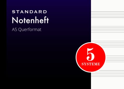 Notenheft A5 Querformat | Schwarz: Blanko Notizbuch mit Notenlinien | 110 Seiten - 55 Blatt | 5 Systeme pro Seite