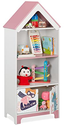 Relaxdays Scaffale Portagiochi, Motivo Super Woman, Cameretta Bambini, con 4 Scomparti e Ante, 93x63x28 cm, Bianco Rosa, Fibra di Legno