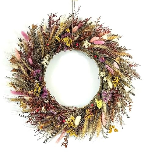 Trockenblumenkranz Türkranz Natürliche Trockenblumen Türkranz 46 cm, Getreidekranz Herbst Ernte Kranz Handgefertigt mit 100% Trockenblumen Kränze für Tür Fenster Wand Kamin Hochzeit Deko (M)