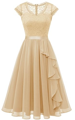 Wedtrend Cocktailklänning dam, knälång aftonklänning, elegant för bröllop, elegant A-linje, volangklänning, champagne, 3XL