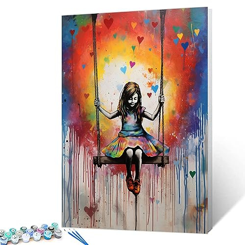 Tucocoo Farbenfrohes Malen-nach-Zahlen-Kit, 40 x 50 cm Leinwand, digitales Ölgemälde für Erwachsene, mit Pinseln und Acrylpigment, Street Pop Art, kleines Mädchen, Schaukel, Bild für Wohnkultur