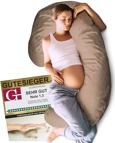 Traumreiter Seitenschläferkissen Visco J-L mit Bezug Braun. Hybrid Kissen + 1cm Memory Foam. J Form Schwangerschaftskissen Gel Body Pillow Komfortkissen Erwachsene, Ergonomie Zertifiziert