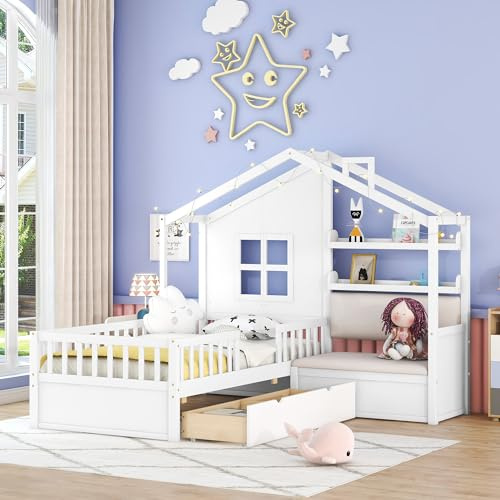Bellemave Kids Twin House Bed Frame with Upholstered Sofa and 2 Drawers, Wood Montessori Bed with Storage Shelves and Tall Rails, L Shaped Storage Bed for Kids,Boys,Girls,White