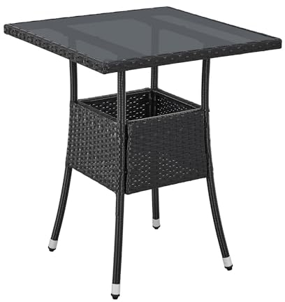 Juskys Polyrattan Gartentisch Yoro wetterfest - Balkontisch 60x60 cm eckig - Rattan Beistelltisch mit Glasplatte - Kleiner Tisch für Balkon - Schwarz