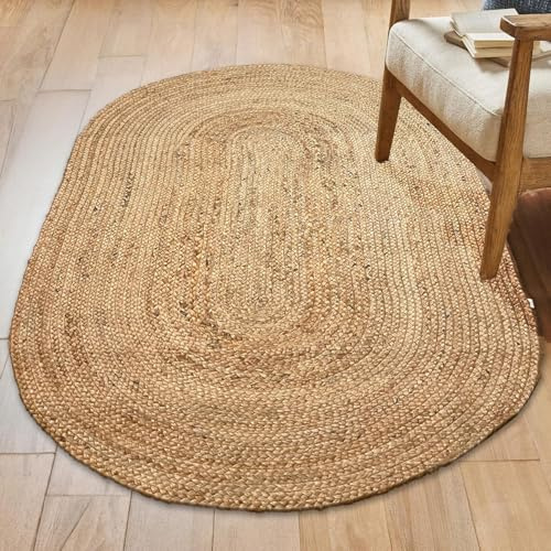 Chardin home Hand Woven Natural Jute Braided Area Rug – 3x5 Feet Oval | Vintage Boho Reversible Rug for Living Room, Bedroom, Dining Area, Entryway | Farmhouse Natural Fiber Floor Covering