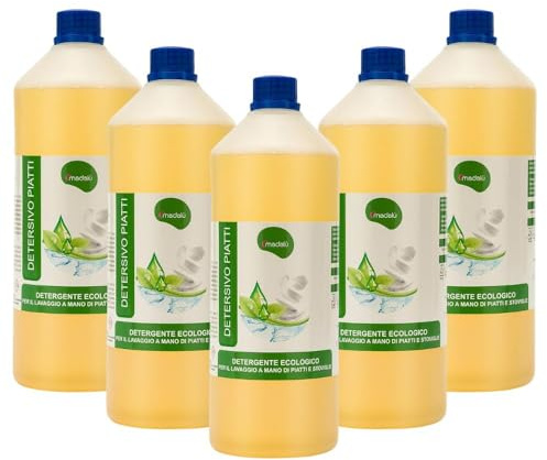 Madalu – Handgeschirrspülmittel-Konzentrat, biologisch abbaubar (5 Packungen à 1.100 ml) für Geschirr, natürliches Flüssigwaschmittel, ökologische Geschirrseife, Mandelduft, hergestellt in Italien