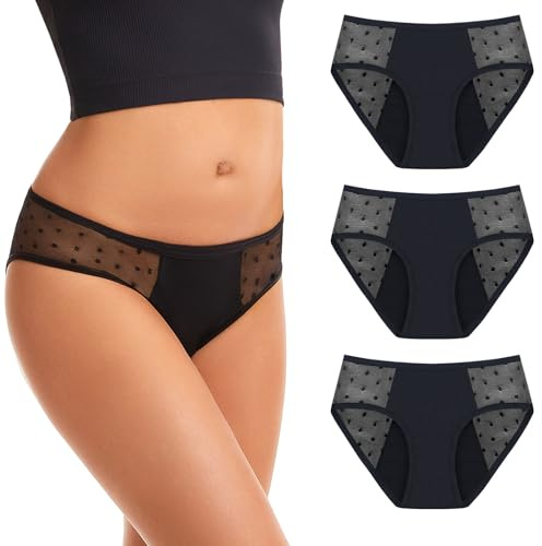 Pack 3 Culottes Menstruelles Plumetis Taille L - Lavable et Anti Fuite - Flux Moyen - Confort Hygiène Femme, Protection Absorbante Sans Couture - Sous Vêtement Discret et Absorbant - Feel Natural