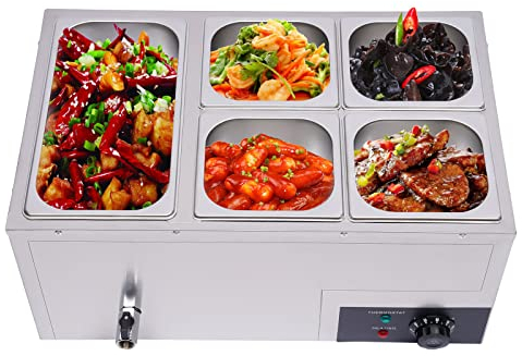 Scaldavivande Elettrico Commerciale, Scaldavivande a Buffet con Scaldavivande da Tavolo a Vapore in Acciaio Inossidabile a 5 Pentole per Buffet con Controllo della Temperatura Sotto il Ripiano e Cope