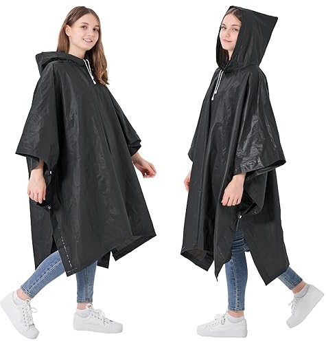 SWOGAA Rain Ponchos for Adults Reusable 2 Pack EVA Portable Waterproof Raincoats with Drawstring Hood Perfect for Camping, Hiking Travel, Amusement Parks, Festival Mac-Black